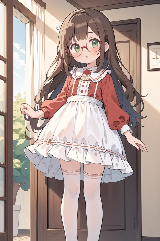 (masterpiece, best quality), 1girl, Spanish girl, green eyes, wearing eyeglasses, brown hair, red and blue frill dress, kinder girl, geneus girl(white stockings), cute face, standing, indoor, intricate detail, sunlight,