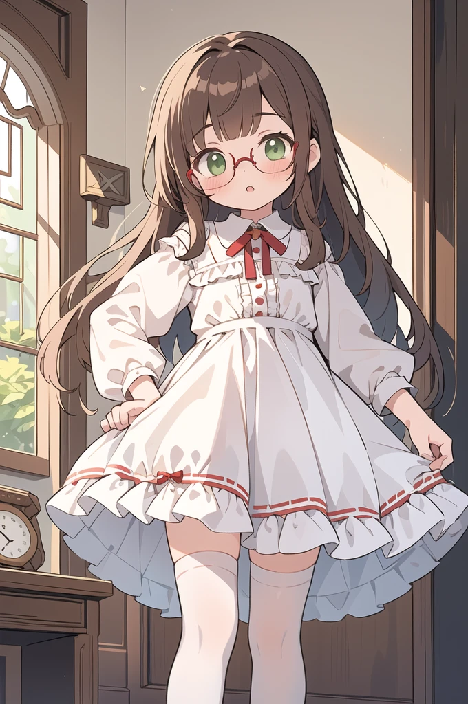 (masterpiece, best quality), 1girl, Spanish girl, green eyes, wearing eyeglasses, brown hair, red and blue frill dress, kinder girl, geneus girl(white stockings), cute face, standing, indoor, intricate detail, sunlight,