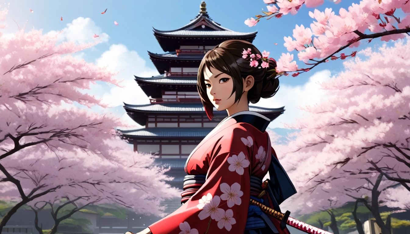 Female samurai,Cherry blossoms and Japanese temple