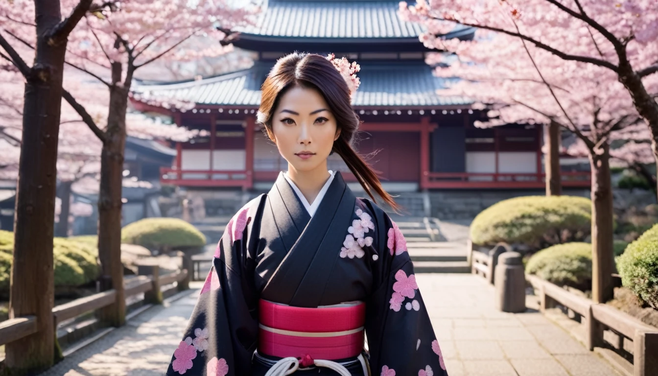 Female samurai,Cherry blossoms and Japanese temple