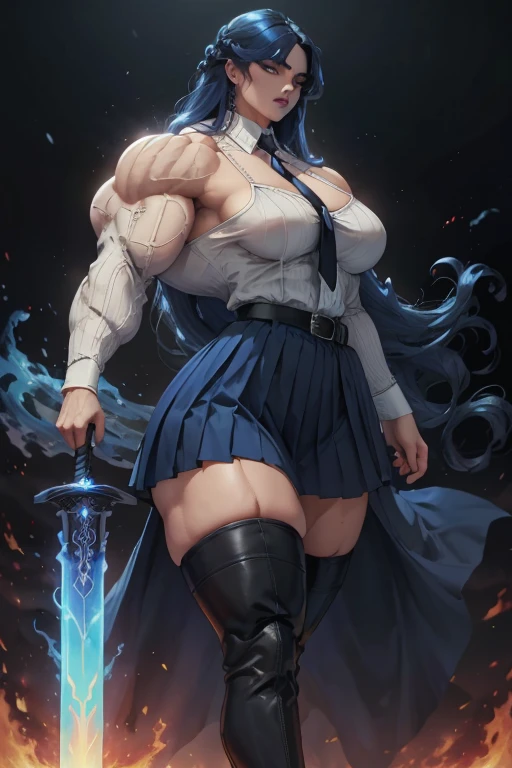 ((Massive tall, beautiful, buff, pale white skinned muscular woman with royal blue hair, black lipstick, ginormous bulky muscles, carrying a fire sword and wearing a royal blue long sleeve pleated shirt with beautiful long pleated skirt)), ((close view)), (massive muscles), long curly wavy hair, white eyes, choker, ((royal blue long sleeve pleated shirt and tie)), neck tie, ((beautiful long pleated skirt)), belt, thigh high socks, black boots, (in a fire city), closed smile, night, massive muscles