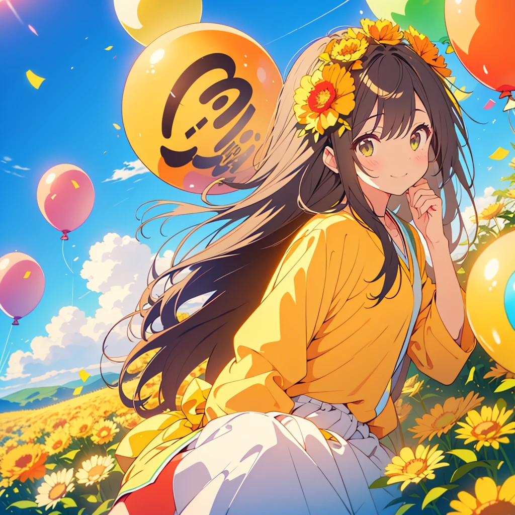 kawaii, anime, Cute, hyper quality, highly detailed, 8k, Clarity, dark brown long hair, smile, green eyes, round yellow Carnation, orange round yellow Carnation flower field, round yellow Carnation flower field, sit on a flowering hill, colorful balloons, balloons are flying in the sky, flower garden, morning dew, Shining light, particles of light, dazzling smile, Draw facial expressions in detail, Draw the eyes in detail, white casual clothes, A breeze flows, celebration, A large number of balloons fly into the sky, look up at the sky, A dynamic posture, balloon, clear blue sky, curled yellow Carnation, happy birthday, blue sky, clear sky, rainbow colored balloons, colorful balloons, release a large number of balloons into the sky, upper body, hold one's hand in the sky, yellow Carnation with closed flowers, small balloons, closed flowers, petals are closed, 