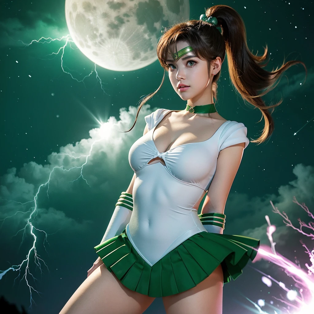 hmjupiter, green eyes, ponytail, tiara, jewelry, sailor senshi uniform, green sailor collar, choker, elbow gloves, white gloves, pink bow, brooch, leotard, green skirt, night, city night sky, moon, lightning, Lots of lightning, heart brooch, , best quality, masterpiece, high resolution, intricate details, (( realistic )), photographic, solo, full body,