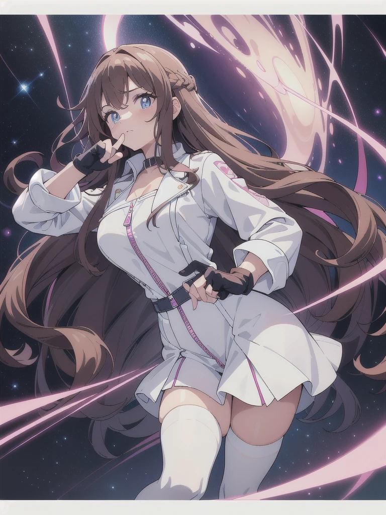 A woman, middle long brown hair ((Wavy hair at the end of the hair)), blue eyes ((bright pupils 1.5)) break
White shirt((with white shirt collar)), Pink coquette jacket((Zipped up half way)), Space blue short, Black gloves((short gloves,cover only the wrist and middle finger)), Black tights, White legs warm,Blown boots ((Short)). Break
