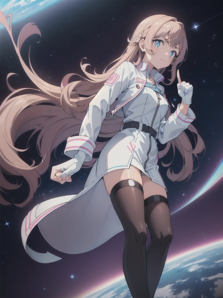 A woman, middle long brown hair ((Wavy hair at the end of the hair)), blue eyes ((bright pupils 1.5)) break 
White shirt((with white shirt collar)), Pink coquette jacket((Zipped up half way)), Space blue short, Black gloves((short gloves,cover only the wrist and middle finger)), Black tights, White legs warm,Blown boots ((Short)). Break 
