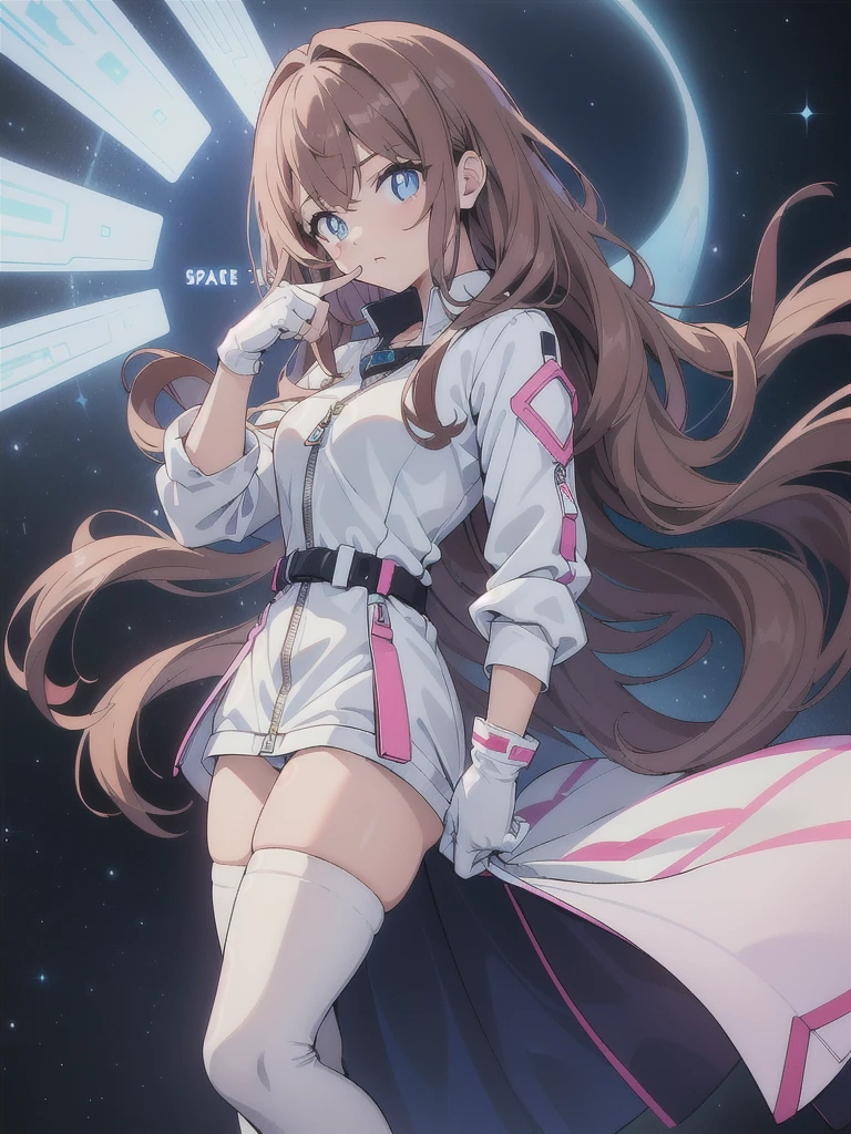 A woman, middle long brown hair ((Wavy hair at the end of the hair)), blue eyes ((bright pupils 1.5)) break
White shirt((with white shirt collar)), Pink coquette jacket((Zipped up half way)), Space blue short, Black gloves((short gloves,cover only the wrist and middle finger)), Black tights, White legs warm,Blown boots ((Short)). Break