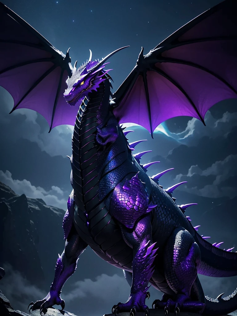 In this captivating piece, a majestic western dragon takes center stage, bathed in a rich palette of purple and black hues. The dragon's formidable presence is highlighted by its intricately scaled body, each scale shimmering with a mystical sheen. Its powerful wings are spread wide, displaying a gradient of deep purple fading into inky black at the tips, creating an ethereal glow against the night sky backdrop. The dragon's eyes are piercing, with a hint of ancient wisdom and untamed power, and its posture exudes both grace and strength, embodying the timeless essence of mythical legends.