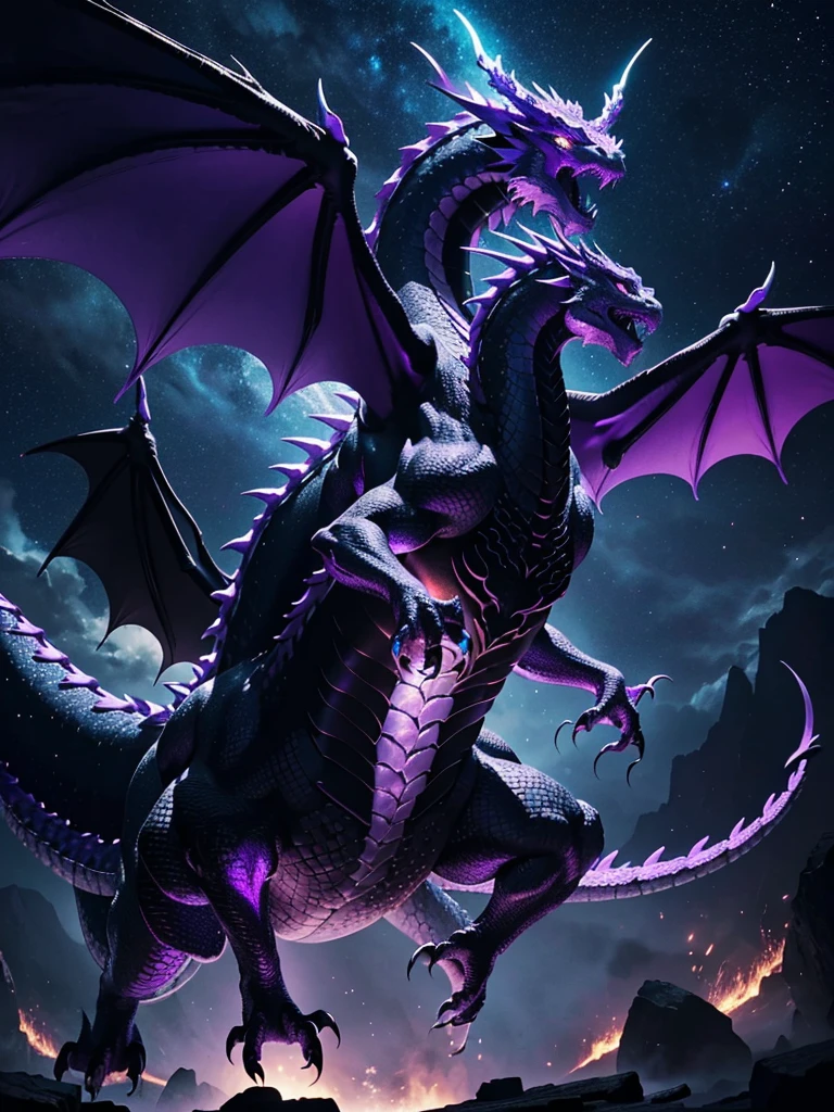 In this captivating piece, a majestic western dragon takes center stage, bathed in a rich palette of purple and black hues. The dragon's formidable presence is highlighted by its intricately scaled body, each scale shimmering with a mystical sheen. Its powerful wings are spread wide, displaying a gradient of deep purple fading into inky black at the tips, creating an ethereal glow against the night sky backdrop. The dragon's eyes are piercing, with a hint of ancient wisdom and untamed power, and its posture exudes both grace and strength, embodying the timeless essence of mythical legends.