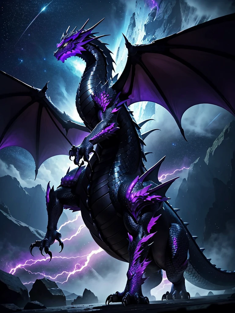 In this captivating piece, a majestic western dragon takes center stage, bathed in a rich palette of purple and black hues. The dragon's formidable presence is highlighted by its intricately scaled body, each scale shimmering with a mystical sheen. Its powerful wings are spread wide, displaying a gradient of deep purple fading into inky black at the tips, creating an ethereal glow against the night sky backdrop. The dragon's eyes are piercing, with a hint of ancient wisdom and untamed power, and its posture exudes both grace and strength, embodying the timeless essence of mythical legends.