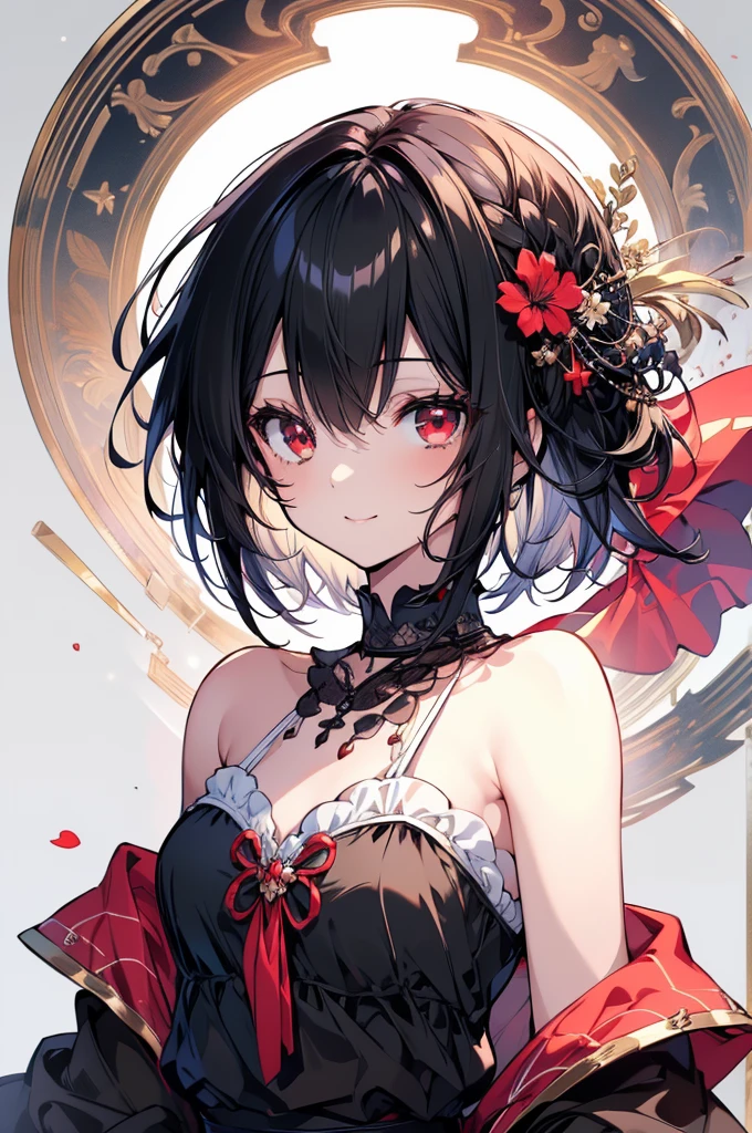(masterpiece, highest quality, highest quality, (No text), Beautiful and aesthetic:1.2),No text,アニメ、BREAK,One Girl，Black Hair Girl　short hair　older sister　choker　Beautiful eyes　Red eyes　cool　smile　Red and Black　one piece　mini skirt　whole body　In town