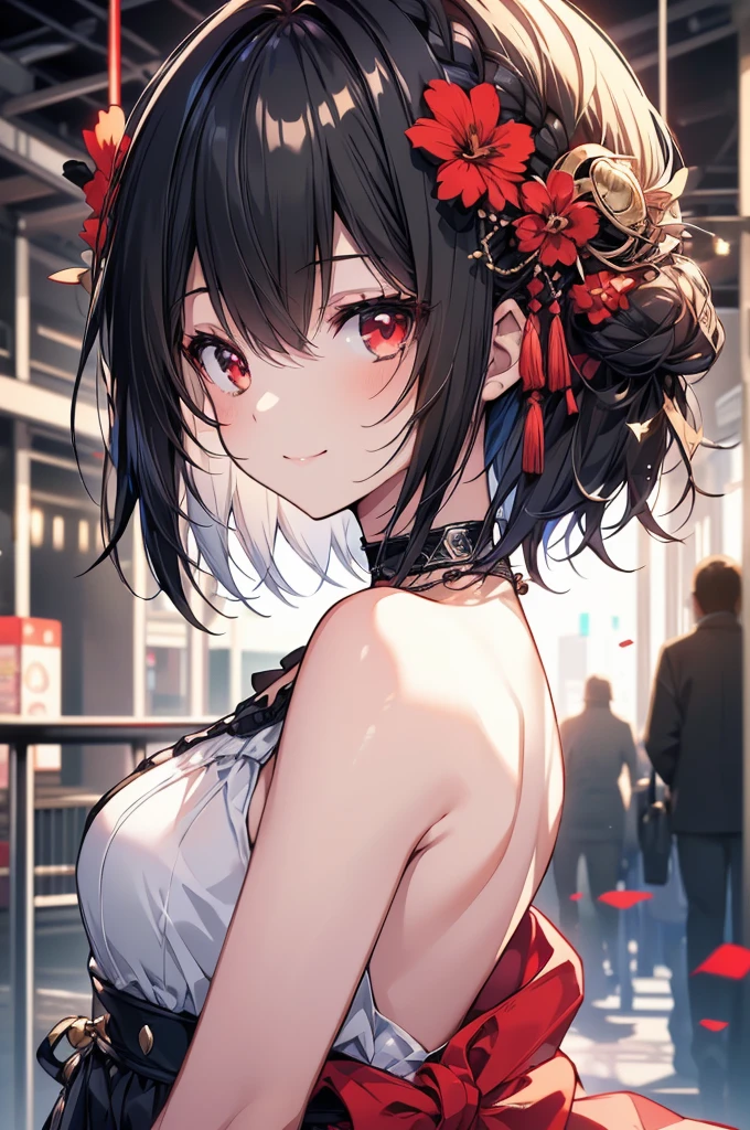 (masterpiece, highest quality, highest quality, (No text), Beautiful and aesthetic:1.2),No text,アニメ、BREAK,One Girl,Black Hair Girl short hair older sister choker Beautiful eyes Red eyes cool smile Red and Black one piece mini skirt whole body In town