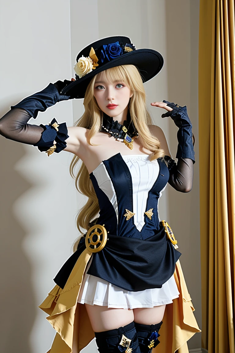 best quality, tmasterpiece,Ultra-high resolution,Clear face,（Reality：1.4），ferpect lighting，(upper body photo:1.3), (photorealistic:1.50), anime wallpaper, Guviz style artwork, cover-up fantasy up to magic , by Yang J, Guviz, beautiful artwork illustration, beautiful digital artwork, beautiful digital illustration, Li Song, beautiful anime portrait, art style in Beauvot, 1girl, 独奏,hat,blonde hair, long hair, drill hair, twin drills,Blue eyes, jewelry, flower, bare shoulders, black gloves,dress, thighhighs, thigh boots, boots, indoor, mirror, Curtain background, room,
