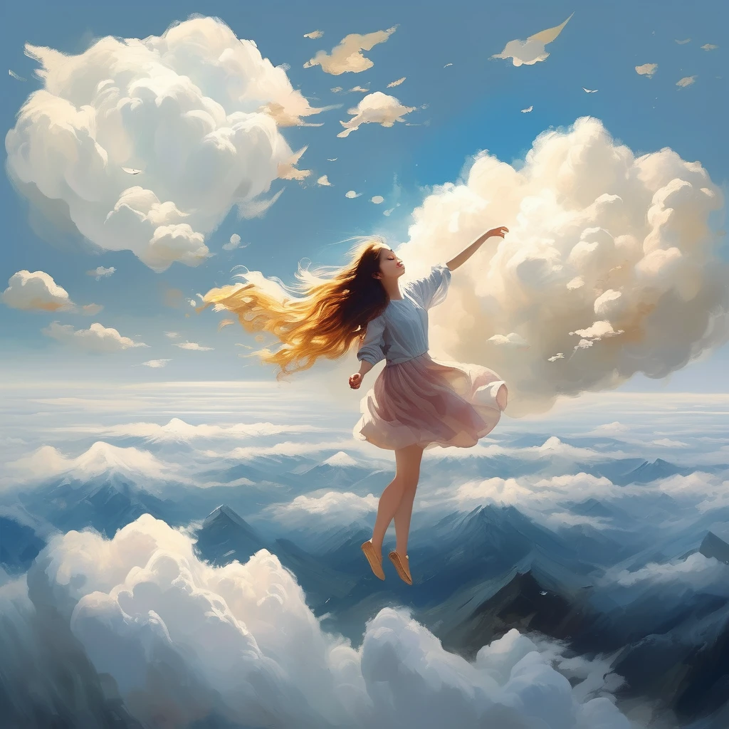 (From above the clouds), Beautiful girl flying in the sky、The girl is holding a bouquet、Beautiful Face、Dark blue sky、White cumulonimbus cloud、Masterpiece、Highest quality、Golden Ratio、impressionist painting、