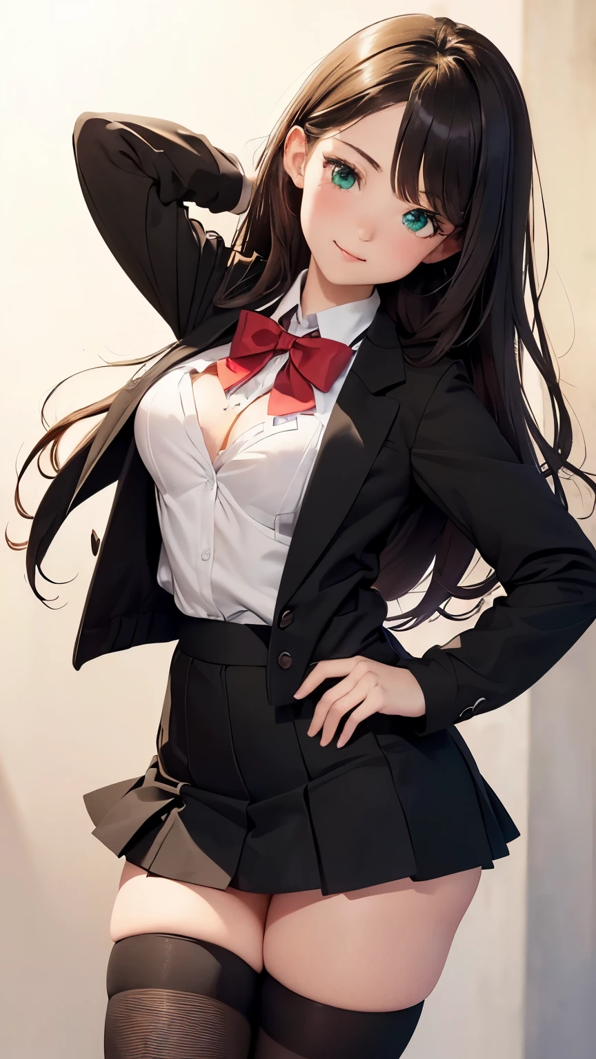 ((Tabletop, Highest quality, High resolution, Hmph, Pixel perfect, Depth of written boundary, 4K, Hmph, Hmph))), One Girl, single, alone, Beautiful Anime Girls, Beautiful art style, Anime characters, ((Long Hair, bangs, Dark brown hair, Curly Hair:0.8)), ((Green Eyes:1.4, Detailed eyes, Beautiful Eyes, Perfect Eyes,Curled eyelashes, Realistic eyes)), ((Detailed face, blush:1.2)), ((Smooth texture:0.75, Realistic texture:0.5, Anime CG style)), Medium chest, Dynamic Angle, Big Breasts, Perfect body, Dynamic pose, ((Red bow tie, , Black jacket, Open jacket, Brown cardigan, White shirt, Black Skirt, Checked skirt)), smile, Open your mouth, Put your arms behind your back, Leaning forward, Amalment Park, ((close, throw, cute, Shoot in the face)), fleshy thighs, Knee-high stockings, White panties,See-through bra, Full Body Shot, Low angle shot