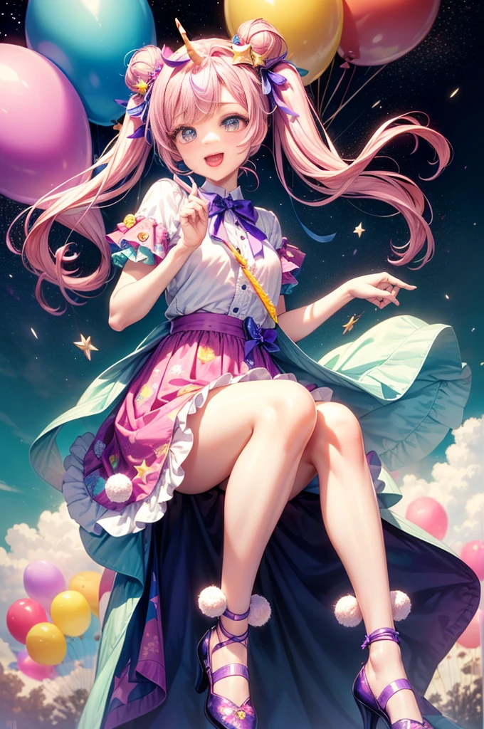 (whole body, legs and shoes visible: 1.2)) Expressive eyes, One girl, Pale skin, Long Hair, Windblown Hair, ((absurdly Long Hair)), Long Side Lock, Princess bangs, Hair bangs, Hair Bun, ((Very long twin tails)), Rainbow Hair, Light pink hair, blush, full face blush, big sparkling Pastel Purple eyes, (Gradient Eye), Laughing with your mouth open, cute pose, ((Holding a balloon : 1.3)) ((cute and pastel fashion)) ((🦄🎠🎈🎉 theme : 1.4)) A loose pastel dress, ((Dreamy multi-colored open dress)), (Floating ribbon), Lavender Frill, Pink frills, (Light blue lace), Removable short sleeves, Fluffy skirt, ((Rainbow and star printed skirt : 1.3)), Lolita Skirt, Purple ribbon, ((pom pom ribbon hair ornament : 1.4)), Multiple Bows, Striped lace stockings, (heart型のレッグガーター), cute (Pastel Purple) shoes ((Ultra-detailed clothing and fashion)) I&#39;m watching you, Vintage Girl, blush, (Beautiful attention to detail), (Highly detailed CG Unity 8k wallpaper) (Best Shadow), ((Very delicate and beautiful)), (Detailed light), ((Depth of written boundary)) Big Head, Big, bright eyes, Moe, Splash Art, Cinema Lighting, Front view, volumetric lighting maximalist photo illustration k resolution high resolution intricate detailed complex key visuals precise linear ((Dreamy pastel sky background, Surrounded by sunset clouds, shooting star, Castle above the clouds)) ((Ultra-detailed landscapes, Foggy clouds, Hung by balloons, heart : 1.3))