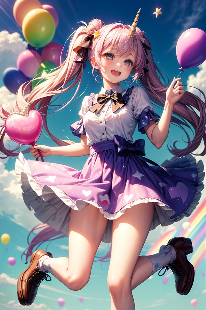(whole body, legs and shoes visible: 1.2)) Expressive eyes, One girl, Pale skin, Long Hair, Windblown Hair, ((absurdly Long Hair)), Long Side Lock, Princess bangs, Hair bangs, Hair Bun, ((Very long twin tails)), Rainbow Hair, Light pink hair, blush, full face blush, big sparkling Pastel Purple eyes, (Gradient Eye), Laughing with your mouth open, cute pose, ((Holding a balloon : 1.3)) ((cute and pastel fashion)) ((🦄🎠🎈🎉 theme : 1.4)) A loose pastel dress, ((Dreamy multi-colored open dress)), (Floating ribbon), Lavender Frill, Pink frills, (Light blue lace), Removable short sleeves, Fluffy skirt, ((Rainbow and star printed skirt : 1.3)), Lolita Skirt, Purple ribbon, ((pom pom ribbon hair ornament : 1.4)), Multiple Bows, Striped lace stockings, (heart型のレッグガーター), cute (Pastel Purple) shoes ((Ultra-detailed clothing and fashion)) I&#39;m watching you, Vintage Girl, blush, (Beautiful attention to detail), (Highly detailed CG Unity 8k wallpaper) (Best Shadow), ((Very delicate and beautiful)), (Detailed light), ((Depth of written boundary)) Big Head, Big, bright eyes, Moe, Splash Art, Cinema Lighting, Front view, volumetric lighting maximalist photo illustration k resolution high resolution intricate detailed complex key visuals precise linear ((Dreamy pastel sky background, Surrounded by sunset clouds, shooting star, Castle above the clouds)) ((Ultra-detailed landscapes, Foggy clouds, Hung by balloons, heart : 1.3))