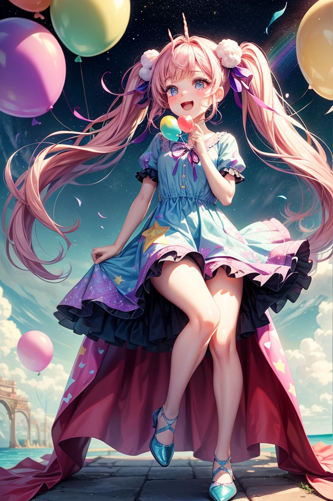 (whole body, legs and shoes visible: 1.2)) Expressive eyes, One girl, Pale skin, Long Hair, Windblown Hair, ((absurdly Long Hair)), Long Side Lock, Princess bangs, Hair bangs, Hair Bun, ((Very long twin tails)), Rainbow Hair, Light pink hair, blush, full face blush, big sparkling Pastel Purple eyes, (Gradient Eye), Laughing with your mouth open, cute pose, ((Holding a balloon : 1.3)) ((cute and pastel fashion)) ((🦄🎠🎈🎉 theme : 1.4)) A loose pastel dress, ((Dreamy multi-colored open dress)), (Floating ribbon), Lavender Frill, Pink frills, (Light blue lace), Removable short sleeves, Fluffy skirt, ((Rainbow and star printed skirt : 1.3)), ta Skirt, Purple ribbon, ((pom pom ribbon hair ornament : 1.4)), Multiple Bows, Striped lace stockings, (heart型のレッグガーター), cute (Pastel Purple) shoes ((Ultra-detailed clothing and fashion)) I'm watching you, Vintage Girl, blush, (Beautiful attention to detail), (Highly detailed CG Unity 8k wallpaper) (Best Shadow), ((Very delicate and beautiful)), (Detailed light), ((Depth of written boundary)) Big Head, Big, bright eyes, Moe, Splash Art, Cinema Lighting, Front view, volumetric lighting maximalist photo illustration k resolution high resolution intricate detailed complex key visuals precise linear ((Dreamy pastel sky background, Surrounded by sunset clouds, shooting star, Castle above the clouds)) ((Ultra-detailed landscapes, Foggy clouds, Hung by balloons, heart : 1.3))