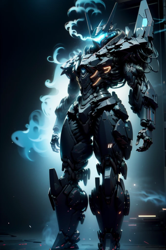 (masterpiece, best quality, ultra-detailed), Shinobi Kage-X1 mecha, 8 meters tall, 15 tons, hybrid-electric propulsion system with silent modules, lightweight composite materials with stealth coating, sleek and agile design, equipped with plasma blades, precision energy blasters, smoke grenade launchers, advanced stealth capabilities, highly agile joints, enhanced sensors for night vision and thermal imaging, standing in a dimly lit urban alleyway, cloaked in shadows, emitting a faint blue glow from its sensors, cyberpunk aesthetic, intricate mechanical details, dynamic pose, cinematic lighting, high-tech environment
