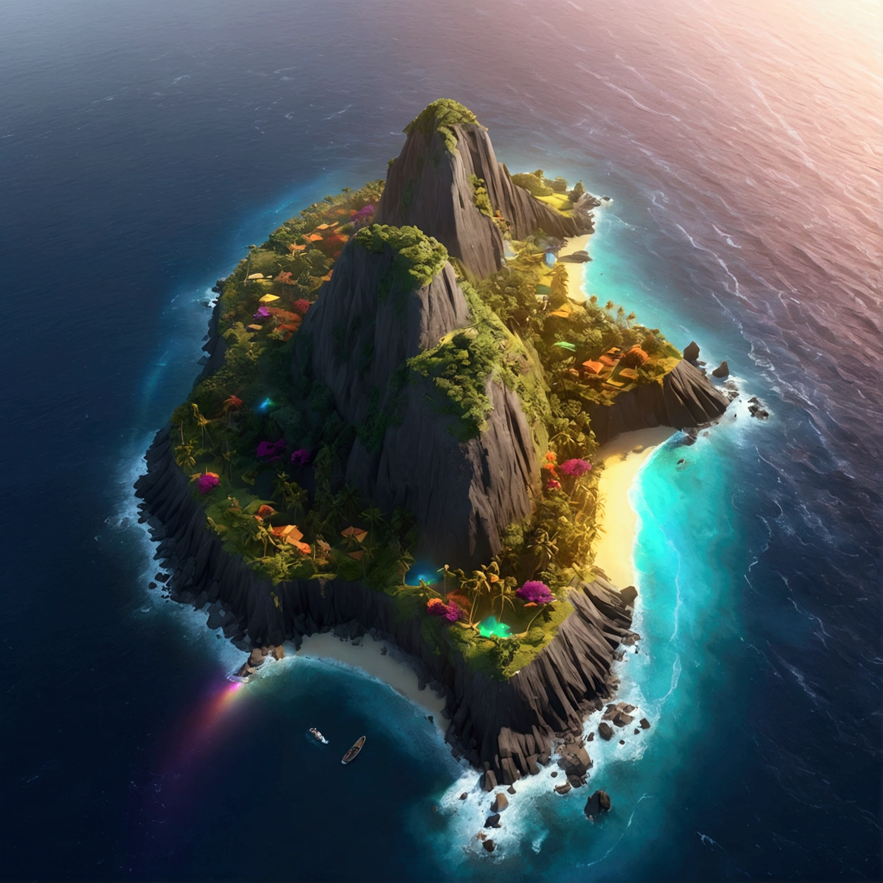 (rainbowcolored multiglowing island:1.4), from above, cinematic angle, realistic, hyper-realistic, photorealistic, (best quality,4k,8k,highres,masterpiece:1.2),ultra-detailed,(realistic,photorealistic,photo-realistic:1.37),vivid colors,dramatic lighting,