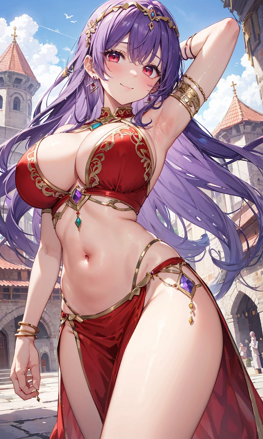 high quality, ultra detailed, best quality, insanely detailed, beautiful, masterpiece, 1girl, medieval plaza, cowboy shot, red eyes, long hair, purple hair, belly dancer, circlet, earrings, armlets, bracelets, bashful smile, large breasts, cleavage, soft stomach