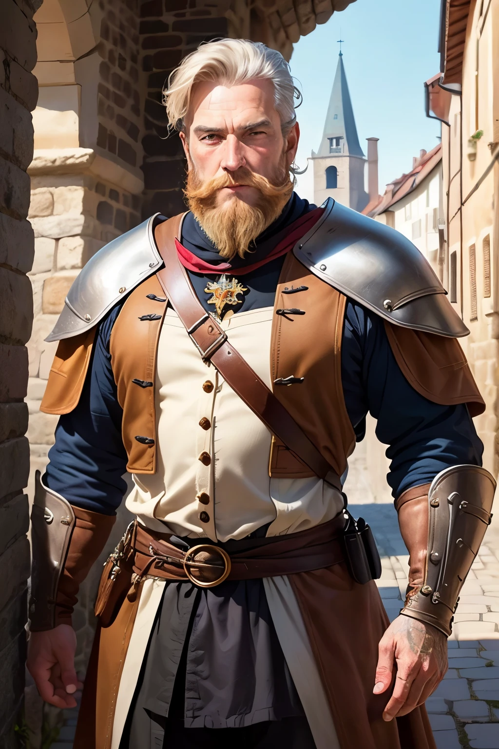 ((best qualityer)), ((work of art)), (detailded), A male Ranger. clothing fabrics and leather that blends with the bottom and cover to become invisible. medieval nobleman .60 year old man . Light hair with robust design. Os olhos super detaildeds .His gaze would be intense and serious. highly detailed image .shy smile .wide chin.long beard.ready for action at any time.60 year old man.background a medieval city of stones,inside a castle ,clear lighting,detailed shadows