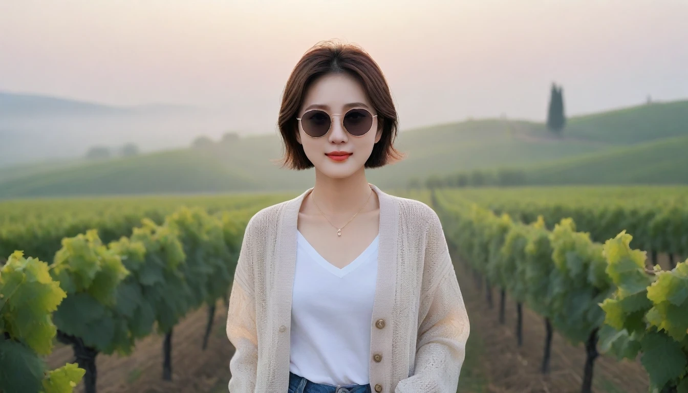 8k realistic, lifelike photo,, 36 year old Korean woman, Short in stature, pretty like a model. front view, White shirt and short cardigan, casual pants, short medium hair, Smiley, Italy. vineyard, thick dawn fog. vineyard 지나 짙은 안개 속으로 저 멀리 성당이 보인다. Full body shot from afar with a wide angle lens , 1 woman, Short in stature, looking at the camera, Excellent picture quality, The morning fog is thick, The picture quality is alive. Full body shot with Canon 16-35 wide angle lens, Put on sunglasses and look to the side