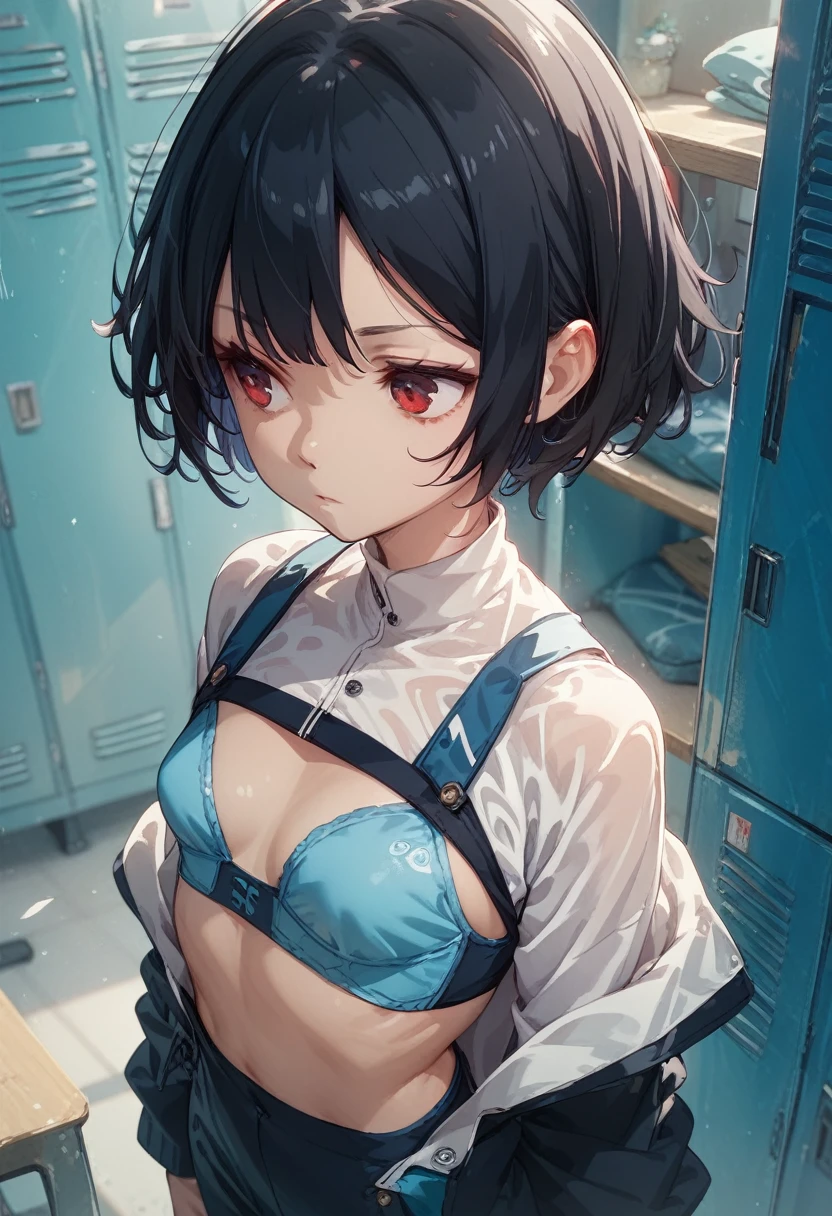 masterpiece, Highest quality, Expressionless, 1 girl, 、Locker Room、Change of clothes、Open shirt、_((Blue Panties))((Black Hair)) ((BlueBRA)) Small breasts Short Hair Look away From above Red Eye
