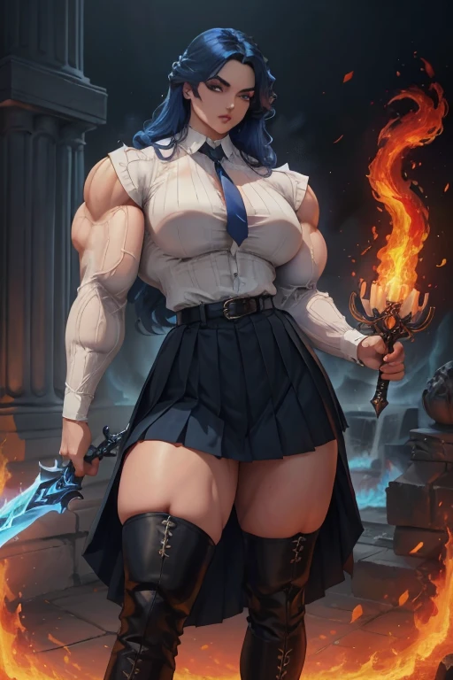 ((Massive tall, beautiful, buff, pale white skinned muscular woman with royal blue hair, black lipstick, ginormous bulky muscles, carrying a fire sword and wearing a royal blue long sleeve pleated shirt with beautiful long pleated skirt)), ((close view)), (massive muscles), long curly wavy hair, white eyes, choker, ((royal blue long sleeve pleated shirt and tie)), neck tie, ((beautiful long pleated skirt)), belt, thigh high socks, black boots, (in a fire city), closed smile, night, massive muscles