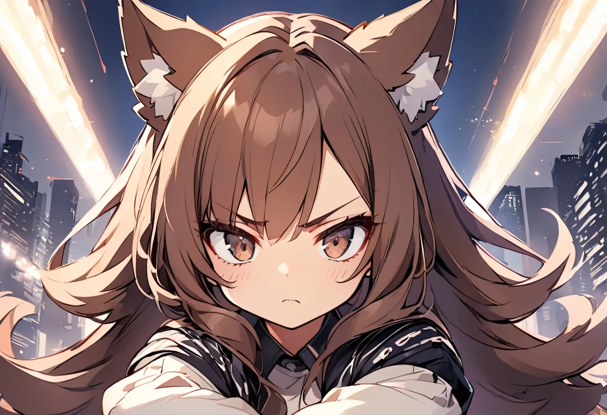 Anime, one girl, brown eyes, top quality, cute wolf girl, fashionable clothes, illustration, brown hair, serious expression, arms crossed, upper body,