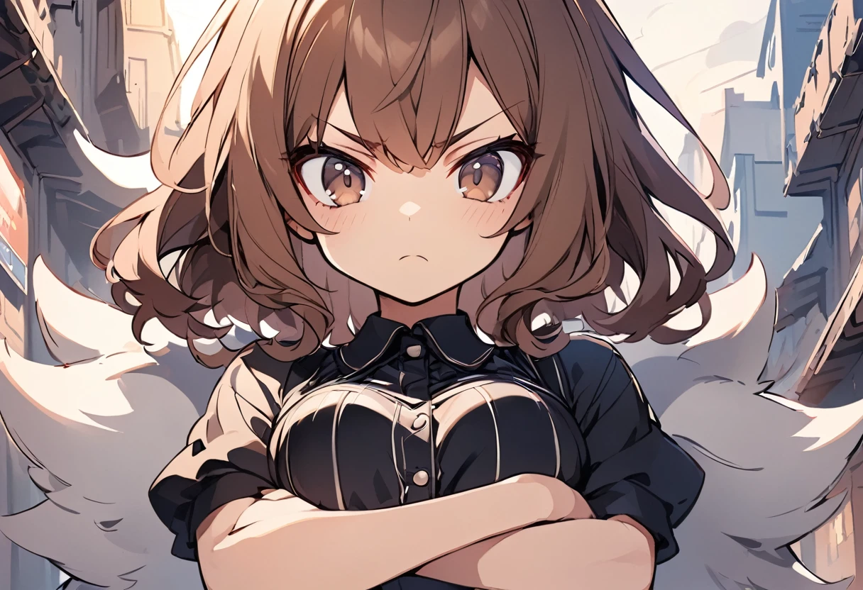 Anime, one girl, brown eyes, top quality, cute wolf girl, fashionable clothes, illustration, brown hair, serious expression, arms crossed, upper body,