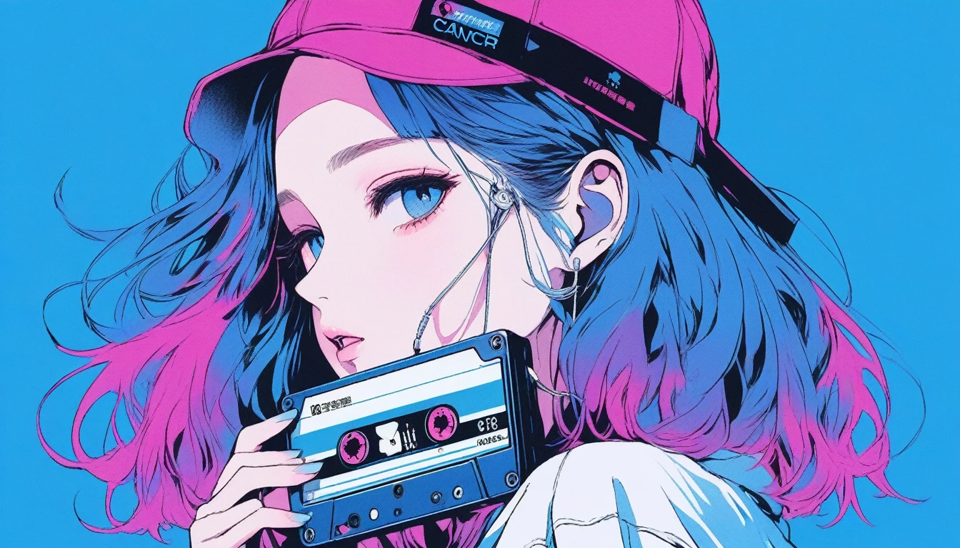Illustrator, anime , Realistic ,sketch , 1 Girl, ,lip, tshirt,order, summer、Neon Hair,Textured Trim, Canadian, (masterpiece,Highest quality) Cancer、Realisticなカセットテープの大きさ、wear earphone,black background