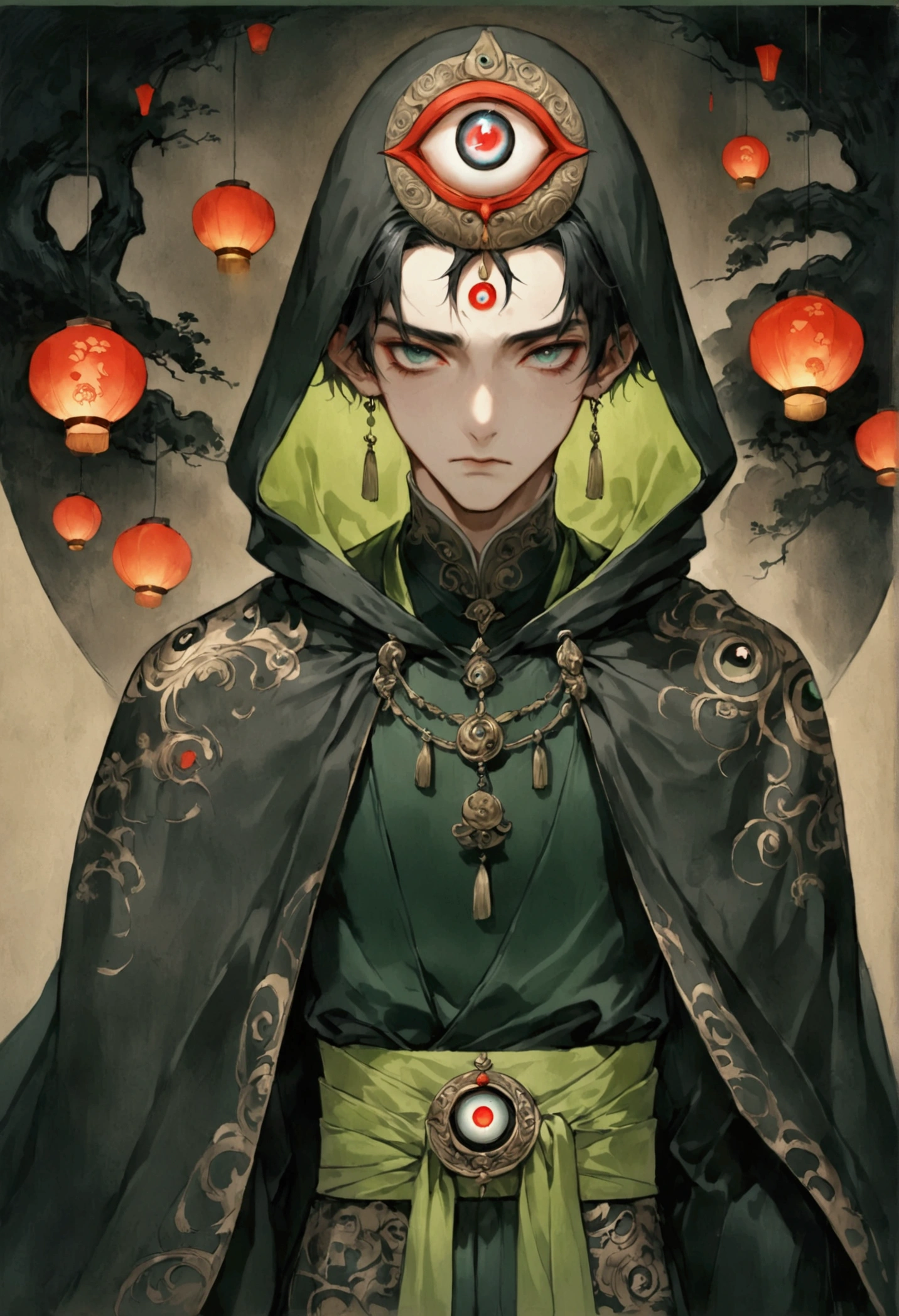 Art Illustration，Dark Style，(((1 Boy，独奏，third eye on the forehead，))),(((Hooded Cape：1.6，Eye Diagram，Dark Pattern))).(((Thin waist，Greenbelt：1.37)))whole body，Paper lanterns in the sky，Kongming Lantern，Death Stare。