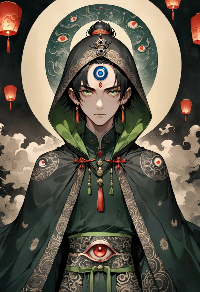 Art Illustration,Dark Style,(((1 Boy,独奏,third eye on the forehead,))),(((Hooded Cape:1.6,Eye Diagram,Dark Pattern))).(((Thin waist,Greenbelt:1.37)))whole body,Paper lanterns in the sky,Kongming Lantern,Death Stare。