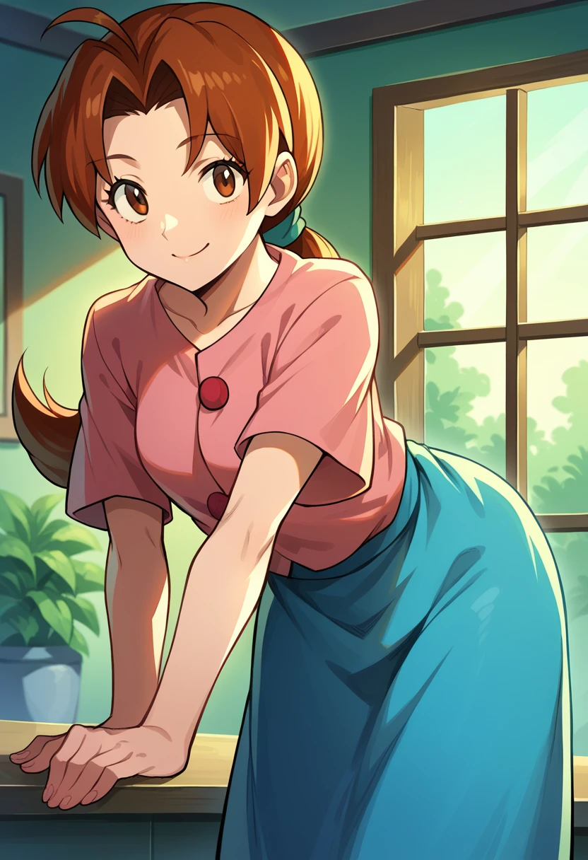 score_9, score_8_up, score_7_up, source_anime,
deliaketchum, deliaketchum, brown hair, brown eyes, parted bangs, ahoge, ponytail, low ponytail,
shirt, pink shirt, short sleeves, skirt, blue skirt, long skirt,
indoors, bent over, smile,
looking at viewer, cowboy shot, dutch angle,