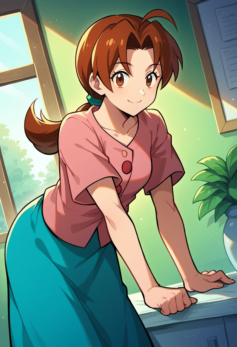 score_9, score_8_up, score_7_up, source_anime,
deliaketchum, deliaketchum, brown hair, brown eyes, parted bangs, ahoge, ponytail, low ponytail,
shirt, pink shirt, short sleeves, skirt, blue skirt, long skirt,
indoors, bent over, smile,
looking at viewer, cowboy shot, dutch angle,