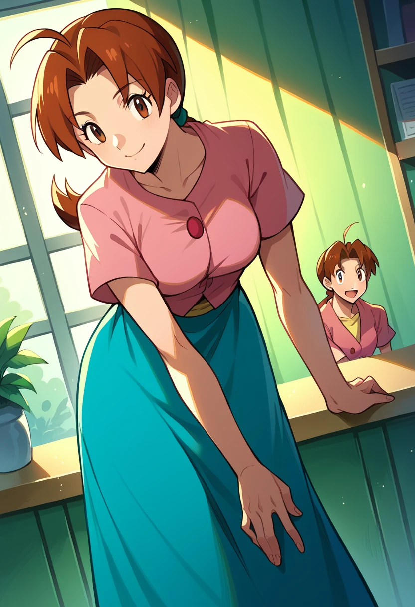 score_9, score_8_up, score_7_up, source_anime,
deliaketchum, deliaketchum, brown hair, brown eyes, parted bangs, ahoge, ponytail, low ponytail,
shirt, pink shirt, short sleeves, skirt, blue skirt, long skirt,
indoors, bent over, smile,
looking at viewer, cowboy shot, dutch angle,