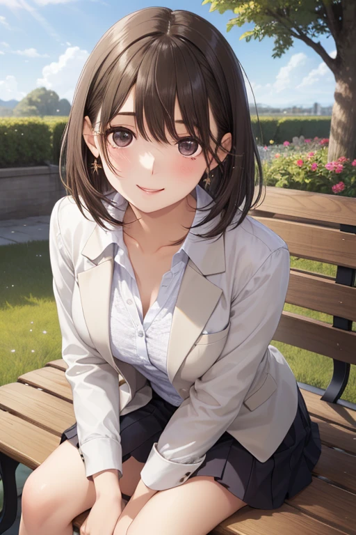 anegasaki nene、Shiny brown hair, short hair, (Beautiful brown eyes、Sparkling eyes, Fine grain)、smile、Ultra-detailed eyes、Highly detailed face, Highly detailed eyes,


sunny day, Elegant photo of a girl in a blazer dress, 
(Puffy eyes:1.05), (White lace shirt),  (Flowing Hair), smile, Happy, happiness, Skin with attention to detail, Skin pores, A beautiful, innocent, symmetrical face, Long eyelashes, Black eyeliner, Light gold eyeshadow,(Sit on a bench), Crossed_feet, Emotional, Wind, garden, wood, Grass, masterpiece, Highest quality, Realistic,