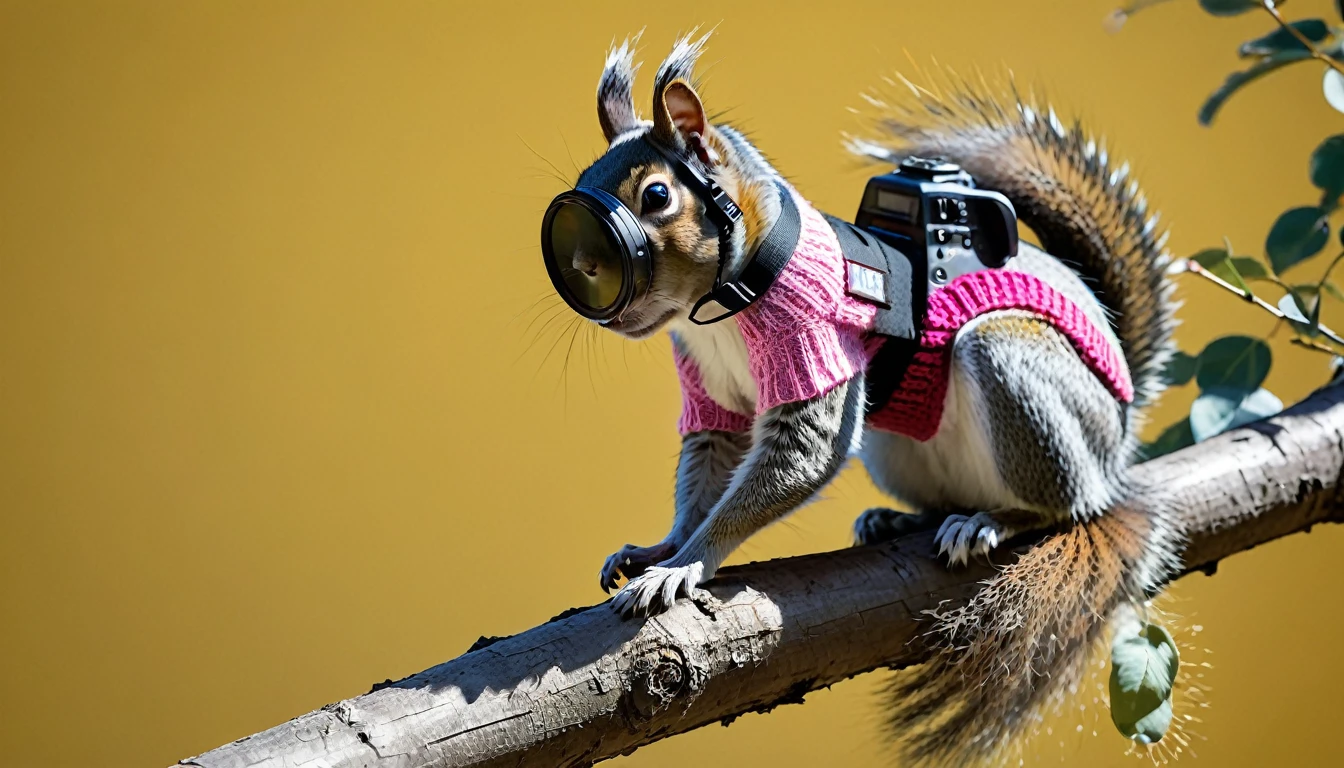 A delightful and captivating image of a quirky female squirrel meticulously holding a professional Sony camera and wearing a knitted salmon-colored jumper and black pants and a small pink flower in her hair. Perched on a tree branch in an urban environment, the squirrel is on a nature photography mission. A delicate balance of sunlight and shadow on a nearby yellow wall creates a dynamic play of light and dark. The squirrel's determined eyes and the camera strap around her neck reflect its dedication to capturing the perfect cinematic shot. Her eyes look determined but very cute.