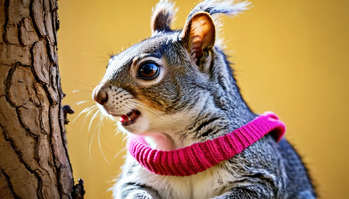 A delightful and captivating image of a quirky female squirrel meticulously holding a professional Sony camera and wearing a knitted salmon-colored jumper and black pants and a small pink flower in her hair. Perched on a tree branch in an urban environment, the squirrel is on a nature photography mission. A delicate balance of sunlight and shadow on a nearby yellow wall creates a dynamic play of light and dark. The squirrel's determined eyes and the camera strap around her neck reflect its dedication to capturing the perfect cinematic shot. Her eyes look determined but very cute.