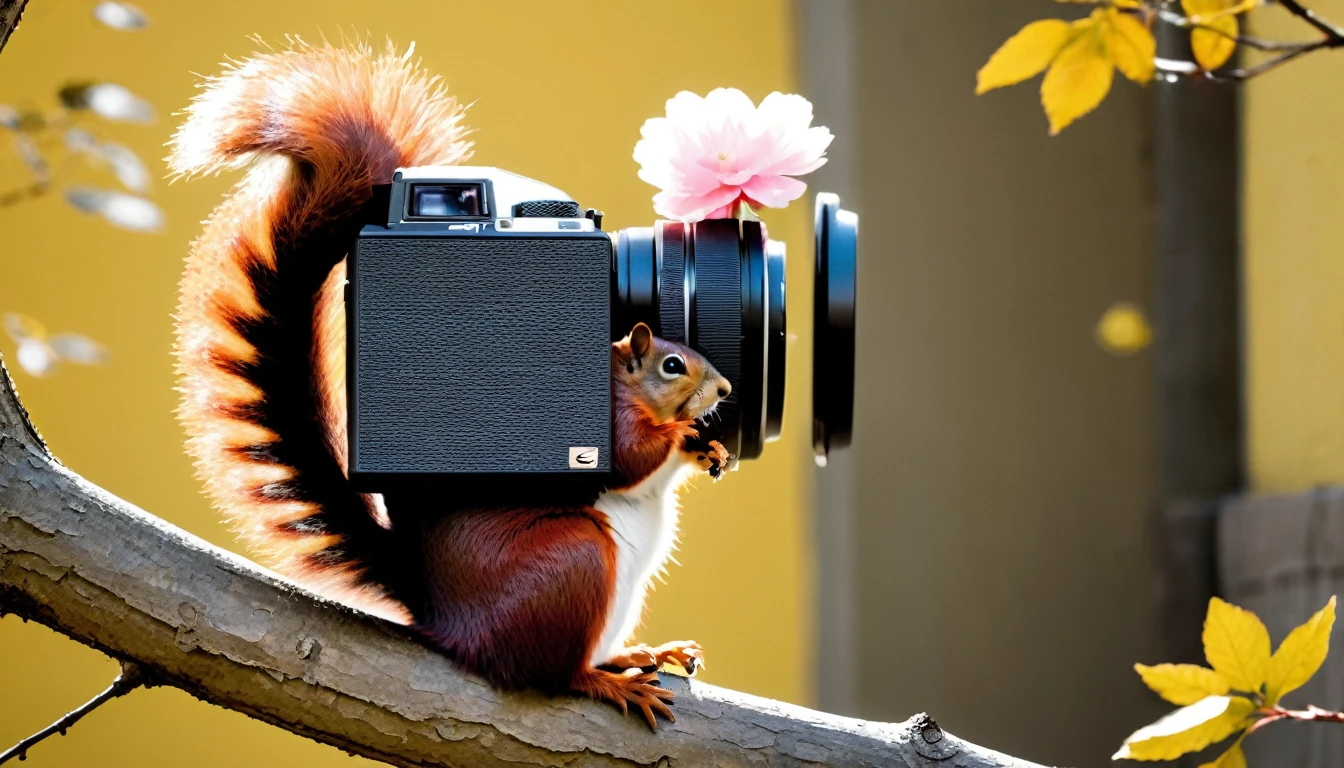 A delightful and captivating image of a quirky female squirrel meticulously holding a professional Sony camera and wearing a knitted salmon-colored jumper and black pants and a small pink flower in her hair. Perched on a tree branch in an urban environment, the squirrel is on a nature photography mission. A delicate balance of sunlight and shadow on a nearby yellow wall creates a dynamic play of light and dark. The squirrel's determined eyes and the camera strap around her neck reflect its dedication to capturing the perfect cinematic shot. Her eyes look determined but very cute.