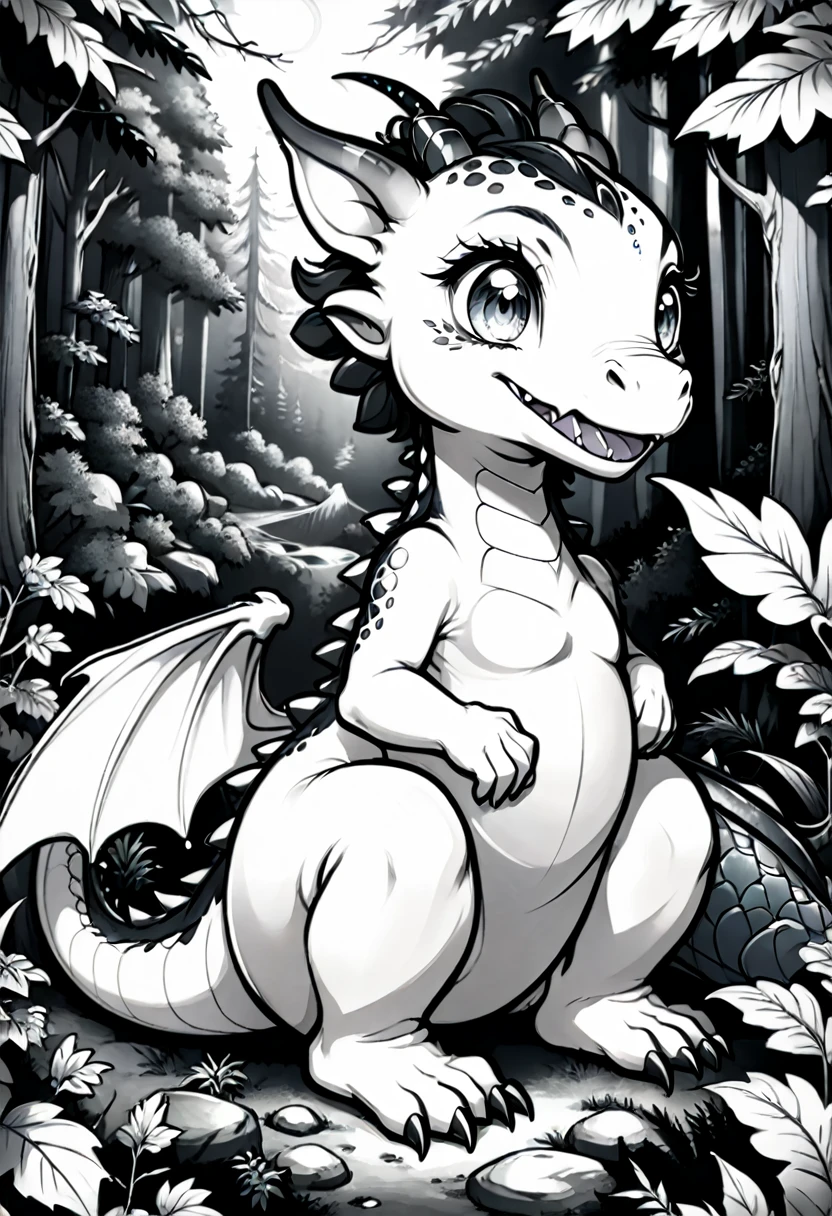 a coloring page of a dragon sitting in the forest, cute little dragon, newborn dragon, dragon in the background, line art coloring page, coloring pages, coloring book outline, coloring page, coloring in black and white, coloring book page, coloring - in sheet, coloring pages