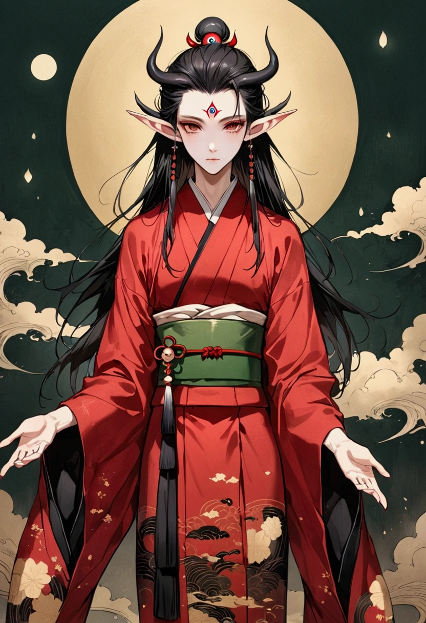 Art Illustration,Dark Style,(((1 Boy,独奏,third eye on the forehead,Elf ears))),(((Gorgeous Japanese red kimono:1.6,Eye Diagram,Dark Pattern))).(((Thin waist,Greenbelt:1.37)))whole body,Paper lanterns in the sky,Kongming Lantern,Red Rune in the Sky。