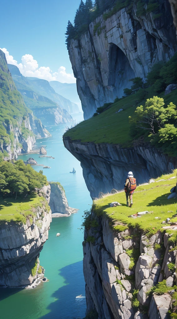 A POV perspective of the view while hiking in the fjords of Norway, amazing pristine view, Straight lines, anatomically correct bodies, geographically correct landscape relief,, anime, Ghibli, 8k, 16k, ultra-detailed, ultra sharp, structurally correct, vivid, flawless