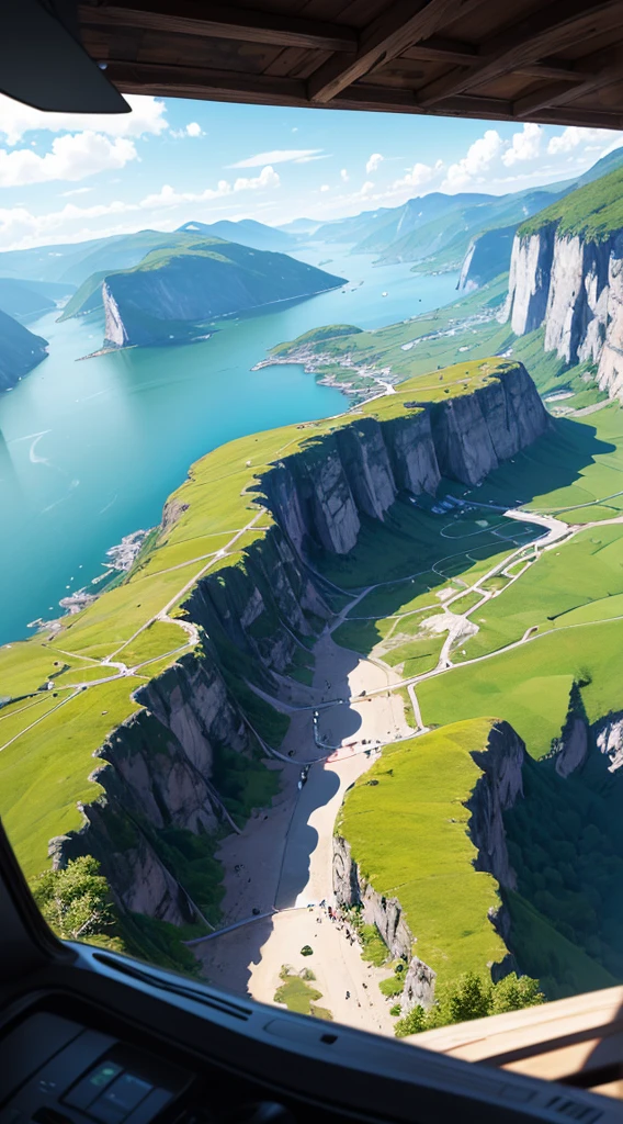 A POV perspective of the view while hiking in the fjords of Norway, amazing pristine view, Straight lines, anatomically correct bodies, geographically correct landscape relief,, anime, Ghibli, 8k, 16k, ultra-detailed, ultra sharp, structurally correct, vivid, flawless