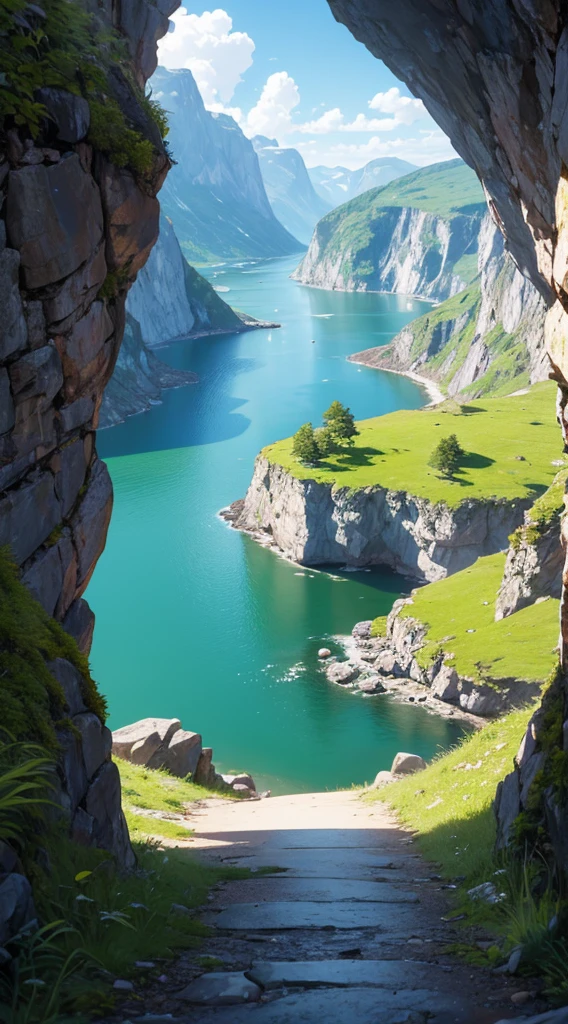A POV perspective of the view while hiking in the fjords of Norway, amazing pristine view,  Straight lines, anatomically correct bodies, geographically correct landscape relief,, anime, Ghibli, 8k, 16k, ultra-detailed, ultra sharp, structurally correct, vivid, flawless