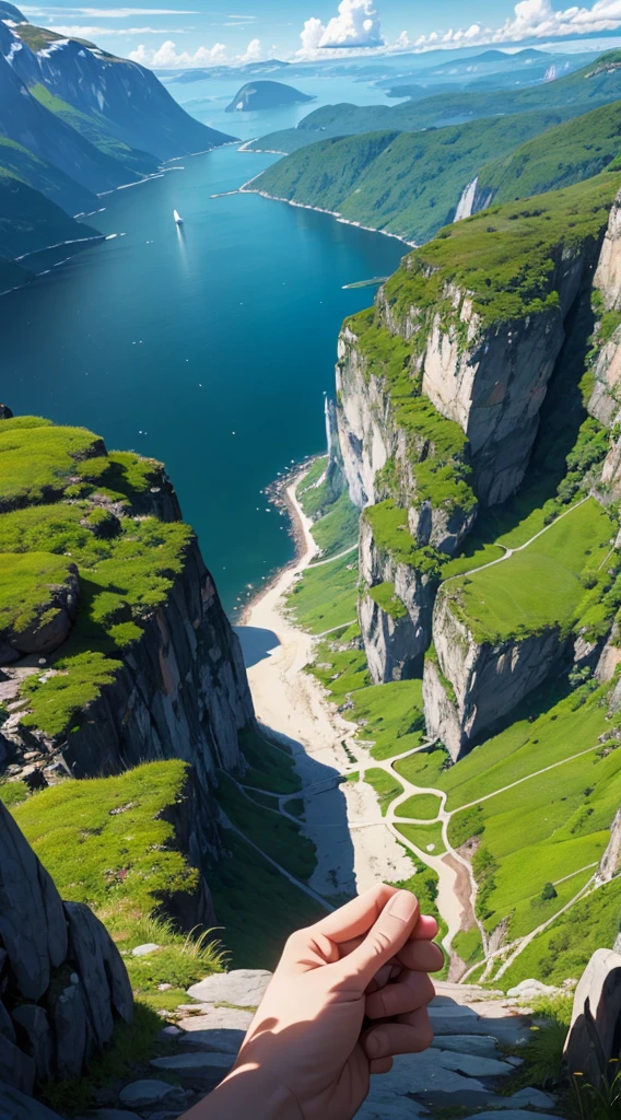 A POV perspective of the view while hiking in the fjords of Norway, amazing pristine view,  Straight lines, anatomically correct bodies, geographically correct landscape relief,, anime, Ghibli, 8k, 16k, ultra-detailed, ultra sharp, structurally correct, vivid, flawless
