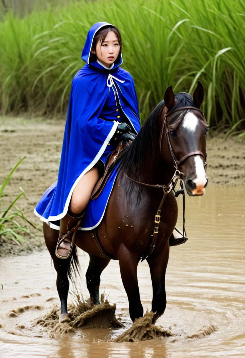 stuck in mud,(((masterpiece))),(((Highest quality))),((Tabletop:1.4, Highest quality)), (Realな写真:1.4), in the muddy river,dirty swamp,horse ridden by girl fall over sticky swamp,Sweaty girl,
((1 cute girl knight)),rodeo,horse standing,Surprised face,stumble,aggressive,slouch,horse standing, prancing horse in pitfall,cute,Napoléon horse sliped in pitfall,in the pitfall,Uplifting,Knight Princess,
(超High resolution:1.2),, wonderful, Very detailed CG Unity 8k wallpaper, Very detailed, High resolution,fat horse ridden by japanese girl,Double,Royal blue armor and short cloak,Soaking in the swamp,Mud Splash,
Soft Light, Beautiful detailed girl, Droopy eyes,Very detailedな目と顔, Beautiful and exquisite nose, Beautiful and exquisite,  horse ridden by a girl can't stand up because its drowned in the sticky muddy pitfall:10.0 ,Displeased face:4.0,Real,Stir,Anatomically correct,action horse riding scene while struggle fighting