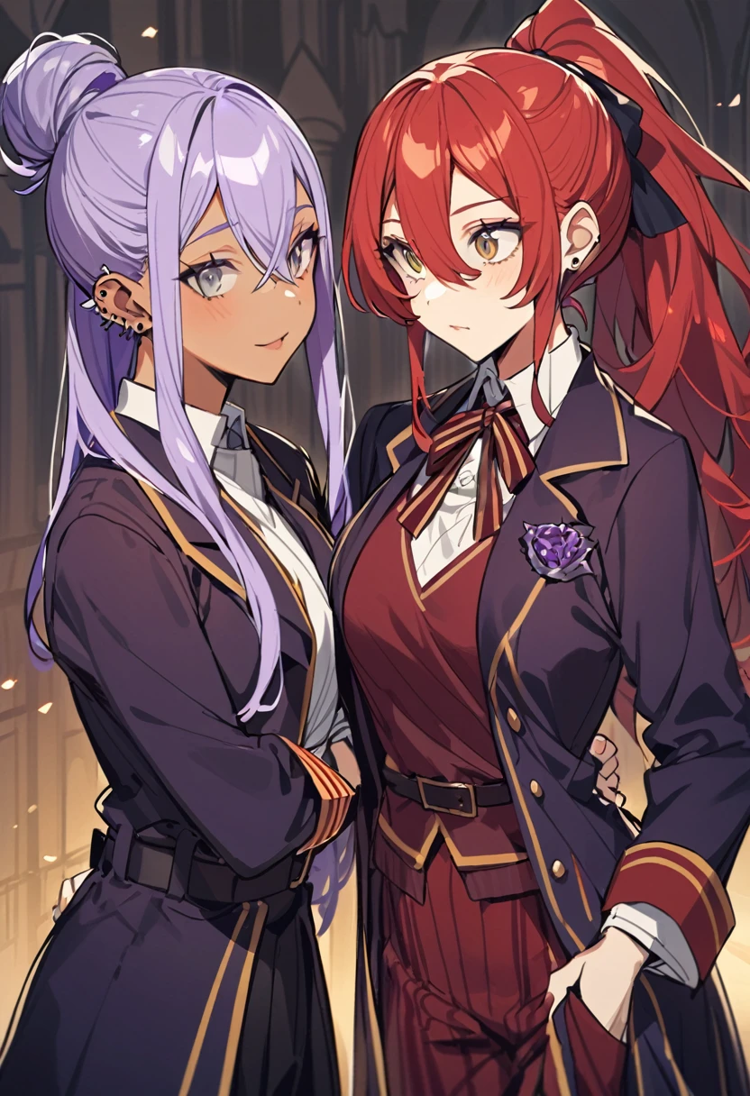 (Two female lesbian couple) (Female,5'6,pierced ears,light skin,hazel eyes,red long hair in a messy bun ,hogwards uniform) and (Female,5'5,pierced ears,light skin,grey eyes,purple long hair in a high ponytail ,hogwards uniform)