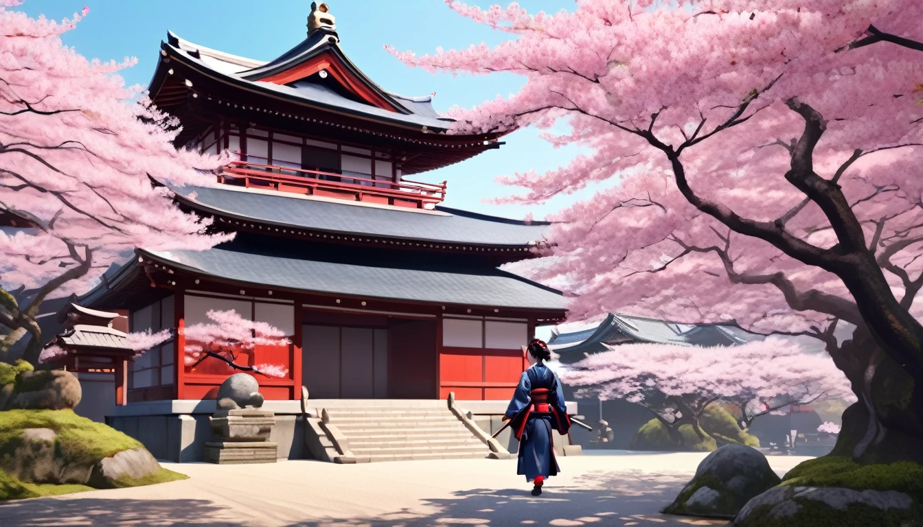 Female samurai,Cherry blossoms and Japanese temple