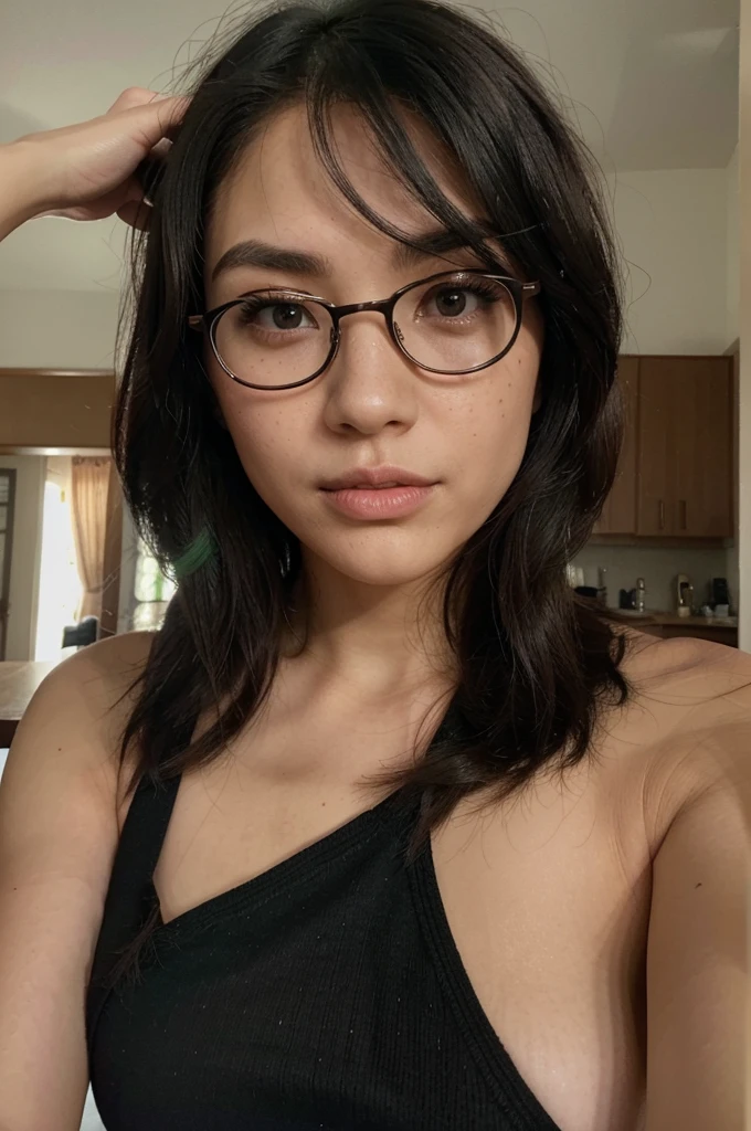 She has an oval face with high cheekbones, a defined jawline is Asian, japanese. His eyes are large and almond, black in color, with long eyelashes and thick, arched eyebrows, with a small scratch on his right eyebrow. His nose is small and straight, and she has full, wide lips. His hair is black with a green streak on the left side., short and smooth, usually worn loose with a fringe that partially covers the forehead. Her skin is fair with lots of freckles on her nose and rosy cheeks.. She wears glasses and is TAKING A SELFIE, taking a selfie with your cell phone, taking a selfie photo with your cell phone TIRANDO UMA SELFIE, taking a selfie with your cell phone, taking a selfie photo with your cell phone